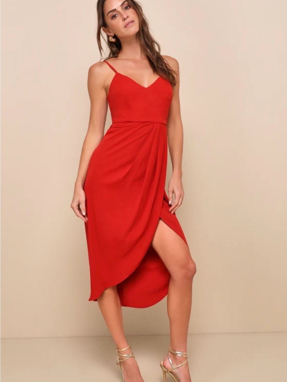 Lulu's Red High-Low Spaghetti Strap Midi Dress